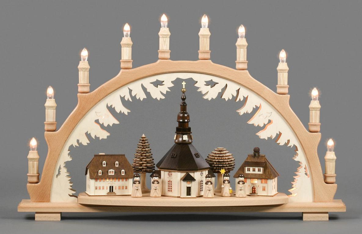 Schwibbogen Seiffener Dorf und Kurrende elektrisch beleuchtet,innenbel. Gebäude und innenbeleuchteter Bogen