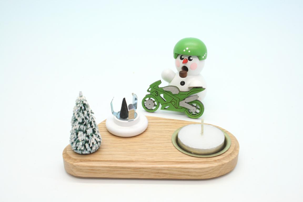 Kerzenhalter Biker weiß mit grünem Bike & Schild 8cm