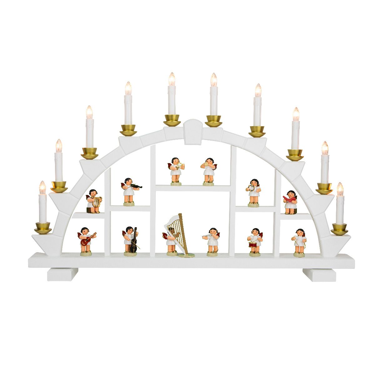 Schwibbogen weiß, 10 elektr. Kerzen, 12 Instrumetenengel 60 mm + Harfe, rote Flügel