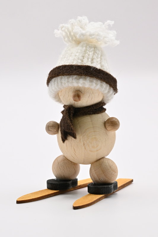 Schneemann auf Ski, Mütze weiß/braun