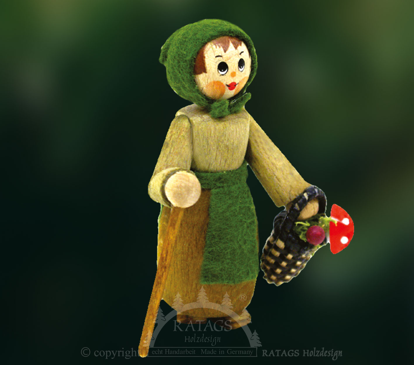 Figur, Waldfrau mit Stock und Korb