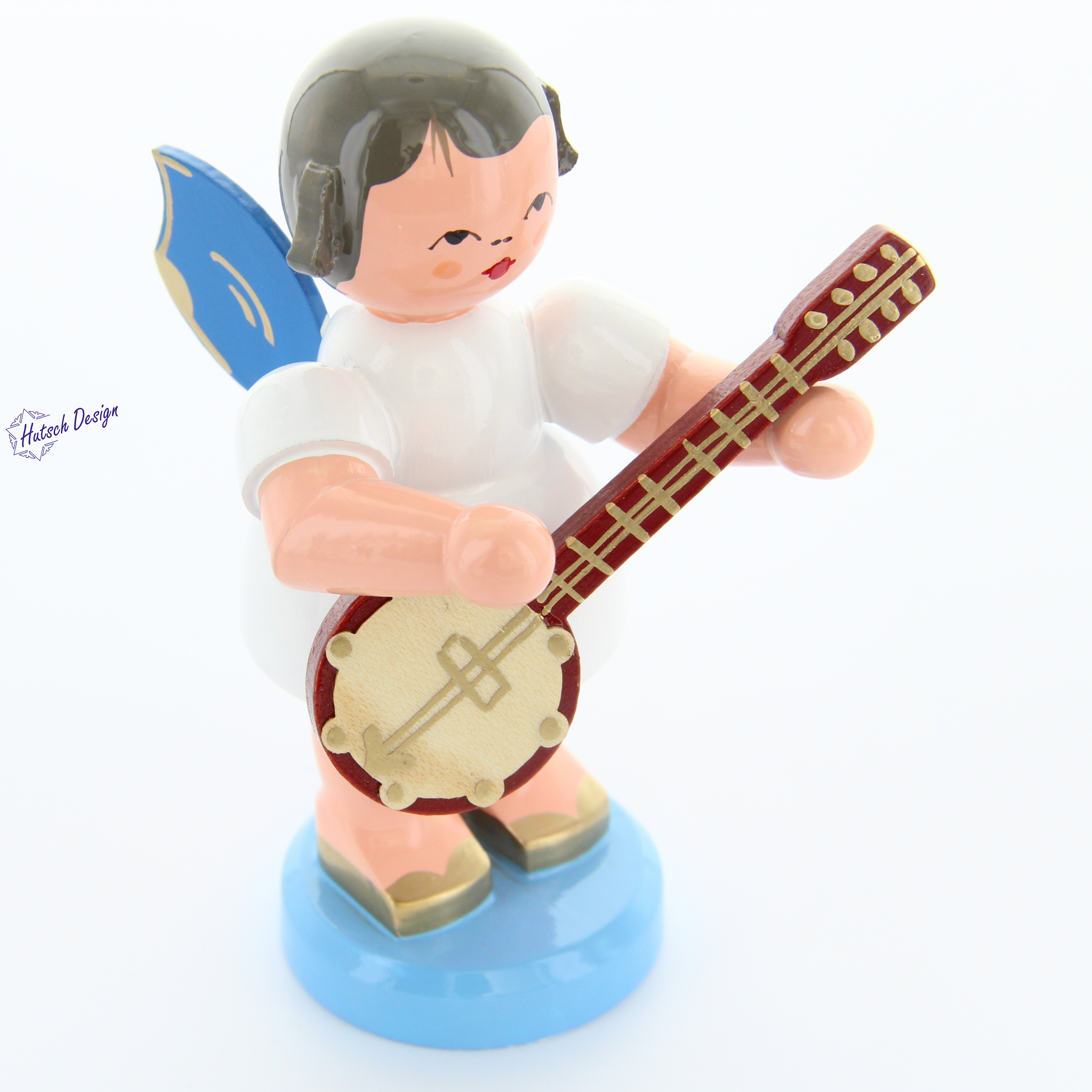 Engel stehend groß mit Banjo, blaue Flügel
