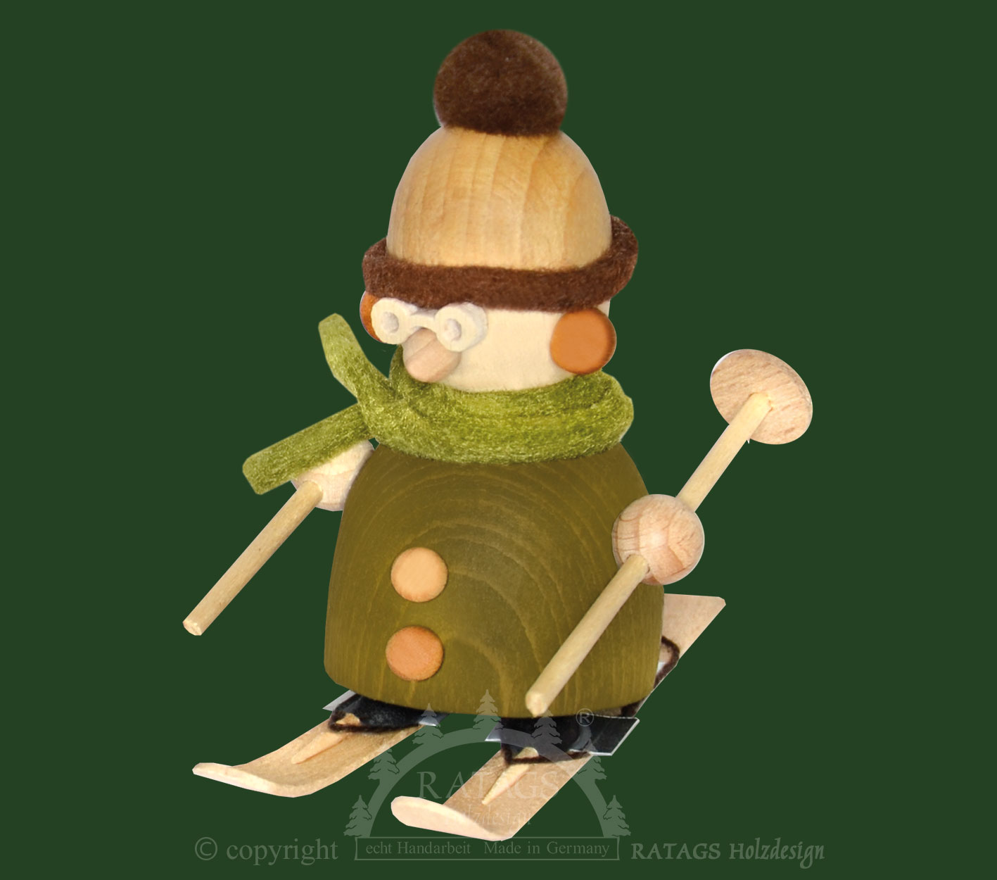 Molli auf Ski, mit Brille, grün/braun