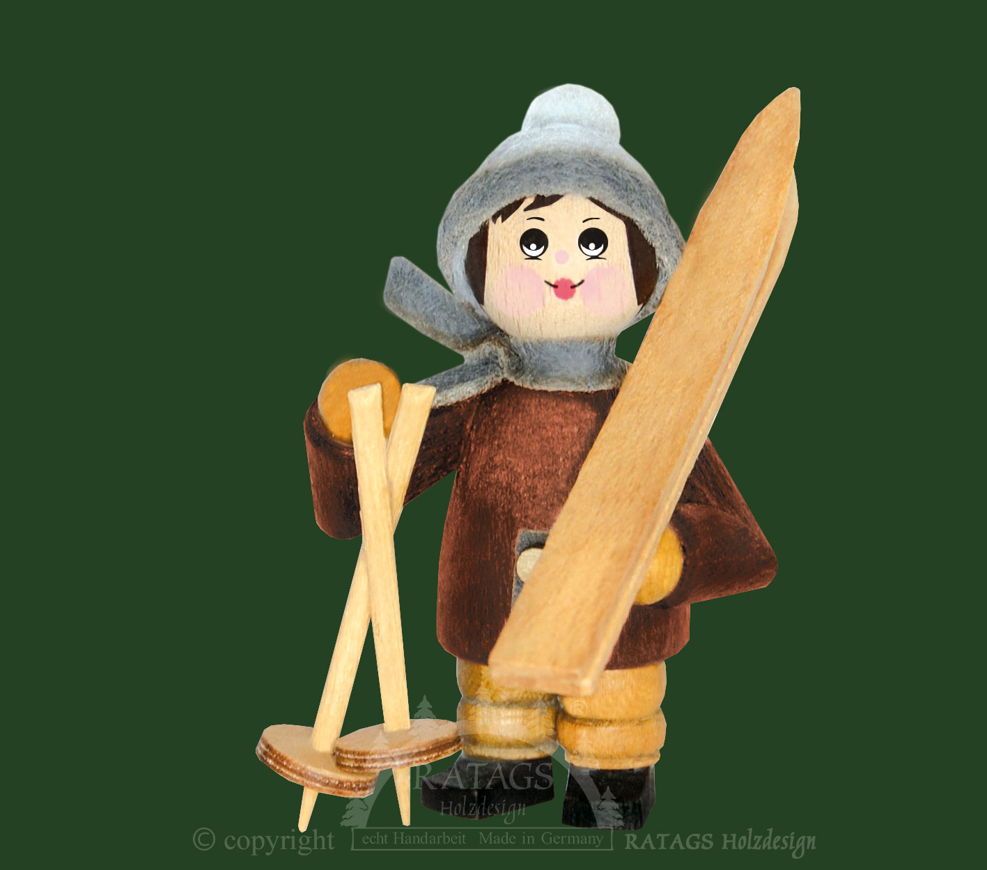 Figur, Skiträger, taubenblau, mahagoni