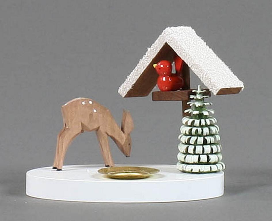 Kerzenhalter mit Vogelhaus und Reh, für Kerze d14mm