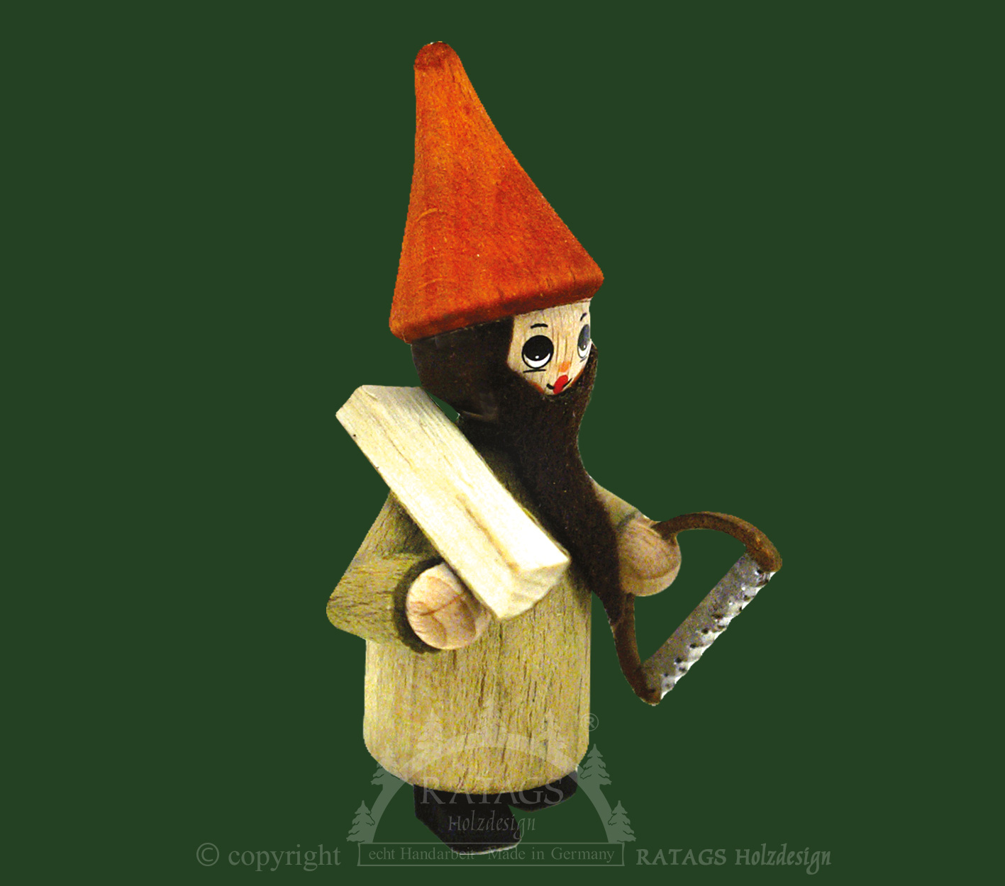 Figur, Zwerg mit Säge, Holz, kupfer