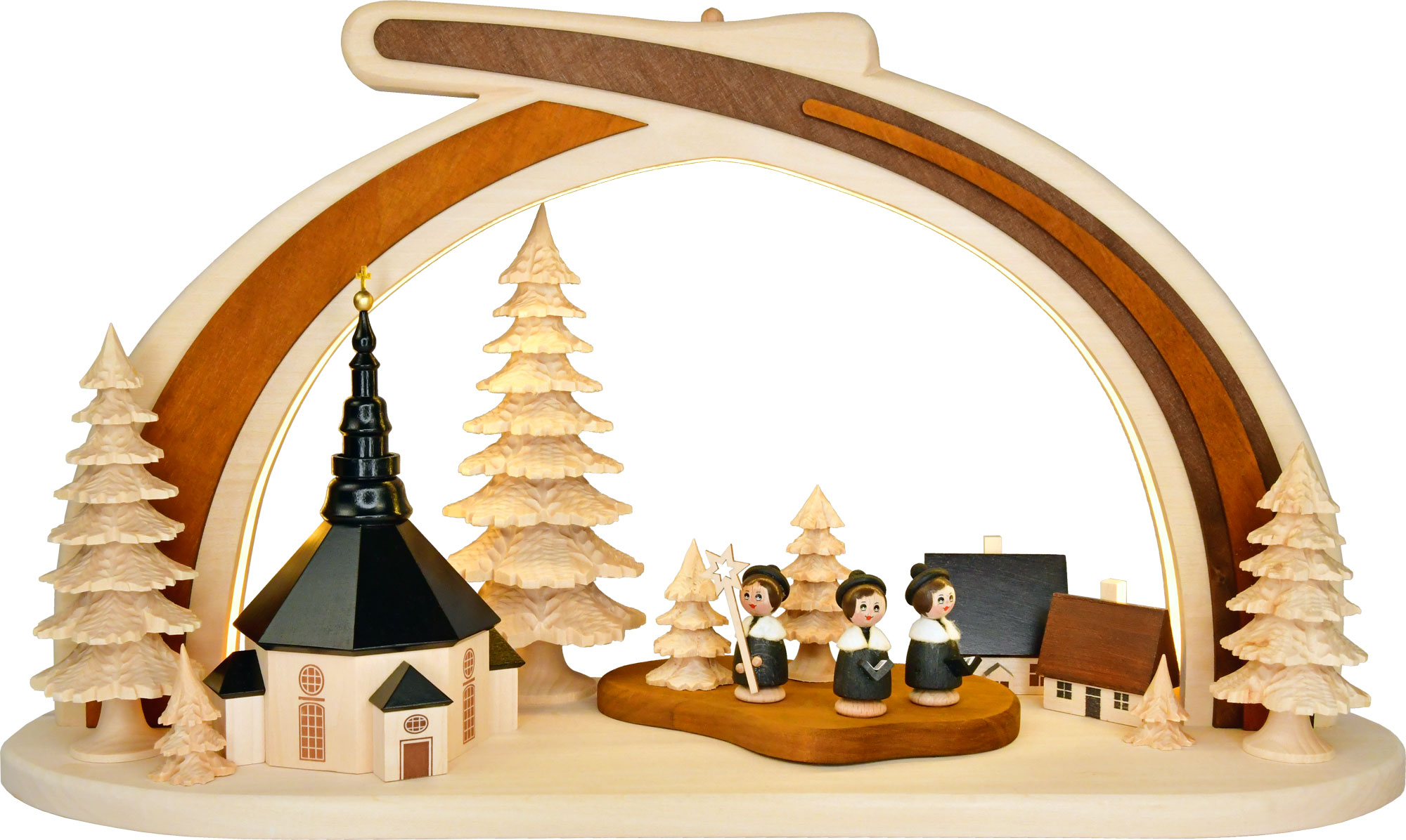 Massivholzbogen, Seiffener Kirche mit Kurrende, LED-Beleuchtung, Halb-USB
