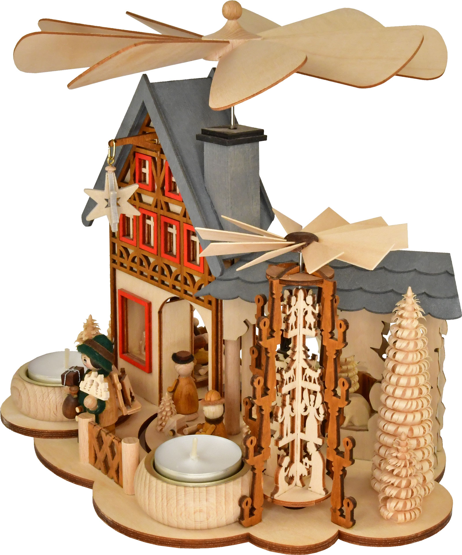 Hauspyramide, Weihnachtshaus, Fachwerkpyramide für 3 Teelichte