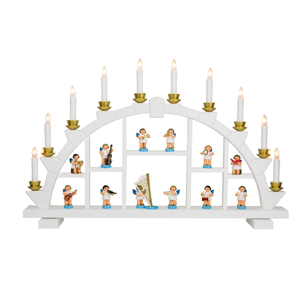 Schwibbogen weiß, 10 elektr. Kerzen, 12 Instrumetenengel 60 mm + Harfe, blaue Flügel