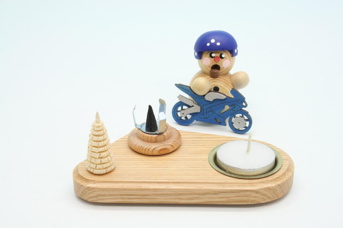 Kerzenhalter Biker natur mit blauem Bike & Schild 8cm
