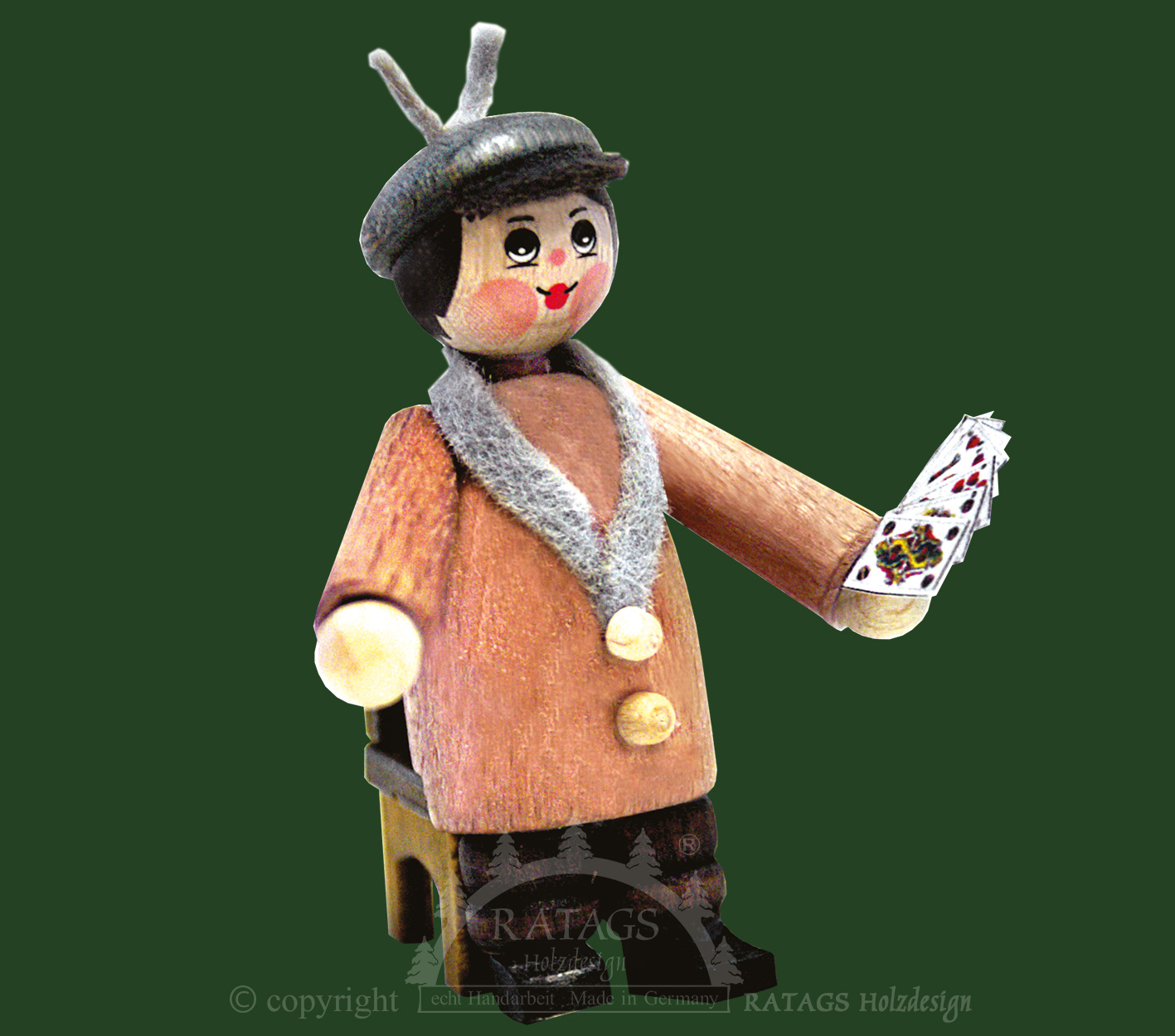 Figur, Skatspieler mit Stuhl, rosenholz, Spielkarten