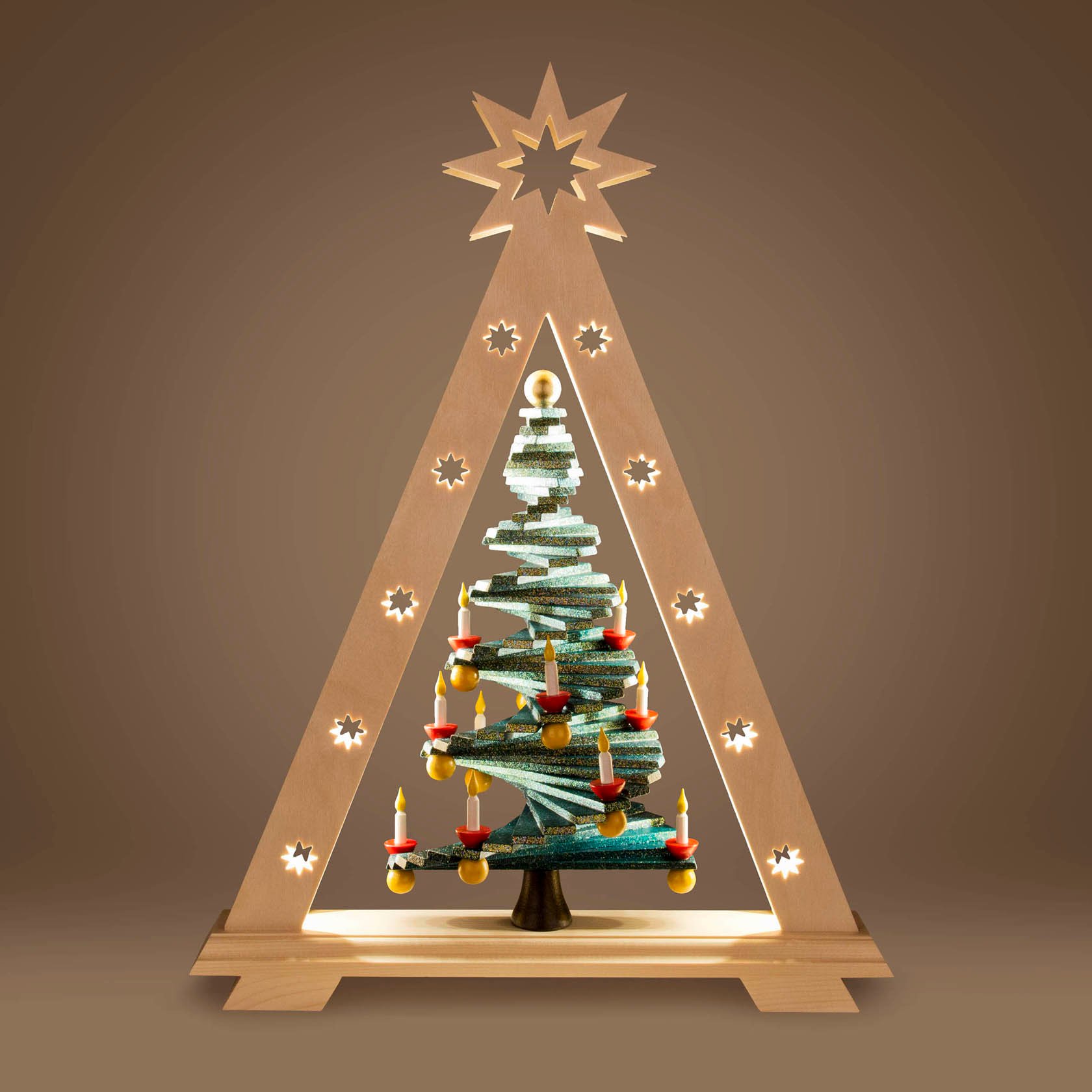 Schwibbogenspitze Stufenbaum Goldeffekt mit LED-Beleuchtung (Input 100-240V) Dregeno Exklusiv-Artikel 48x36cm