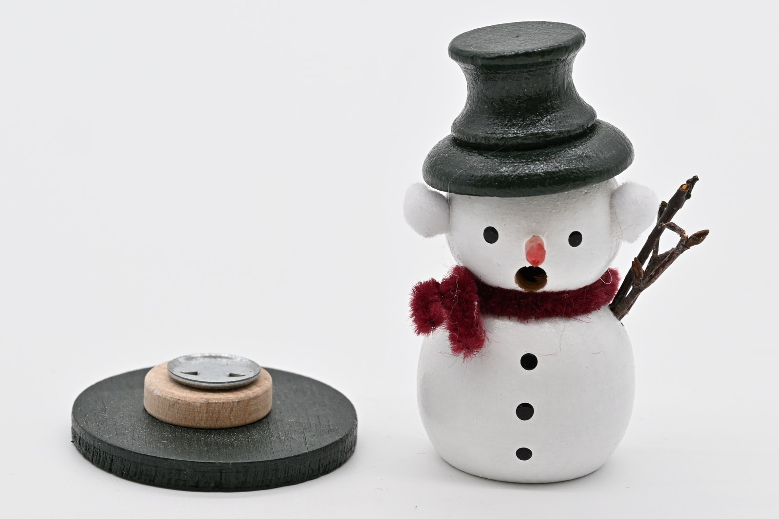 MiniRäuchermännchen, Schneemann, weiß, grüner Hut, lila Schal