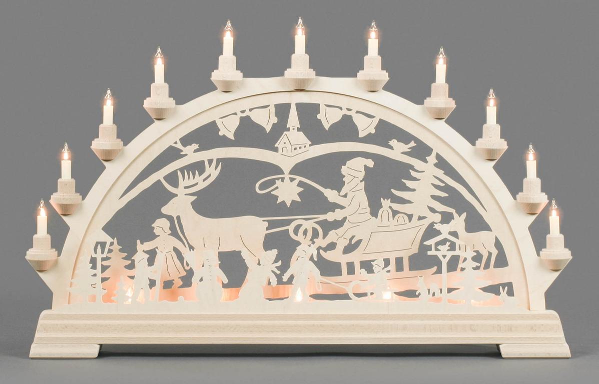 Schwibbogen mit Weihnachtsgespann und Winterkindern, elektrisch beleuchtet