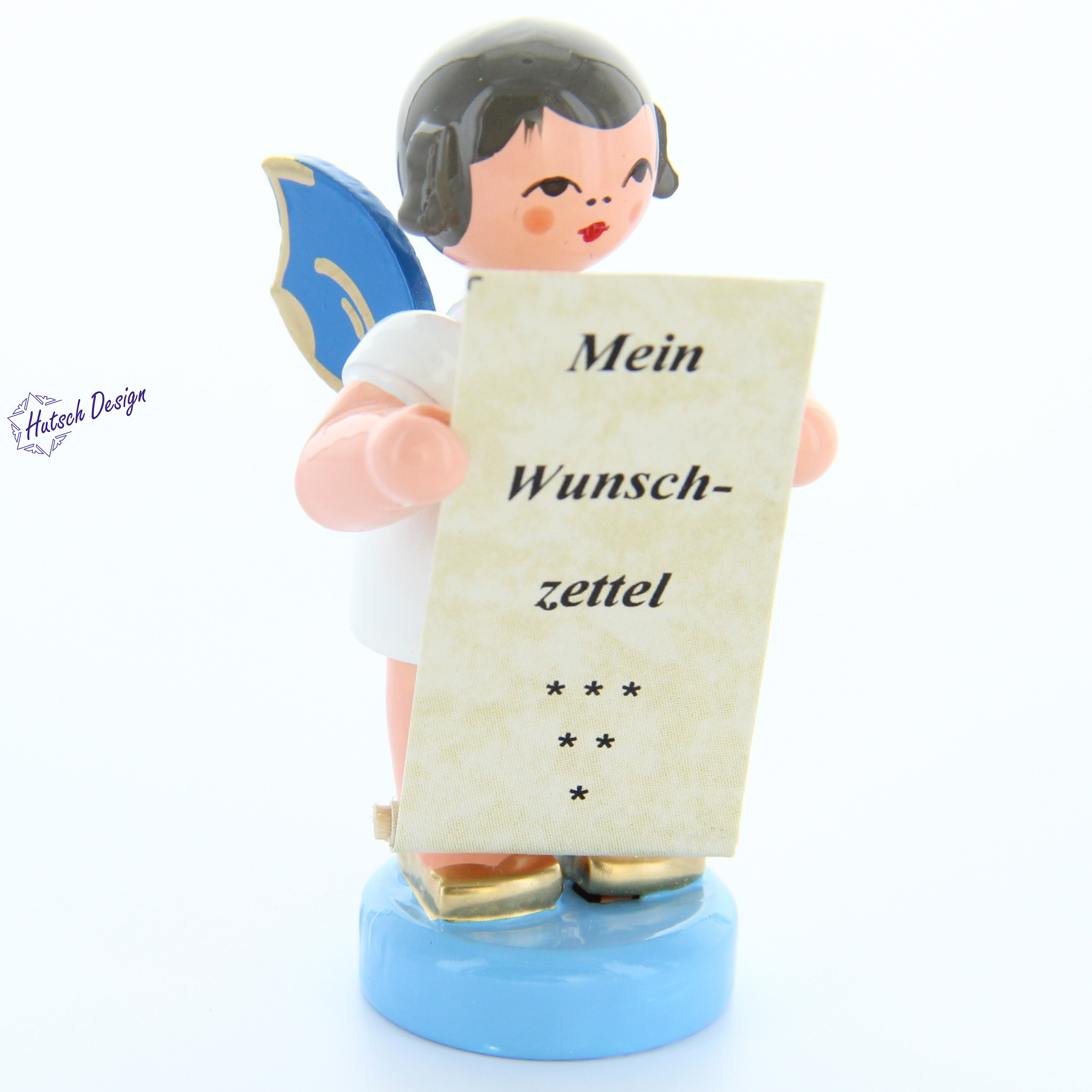 Engel stehend mit Wunschzettel, blaue Flügel