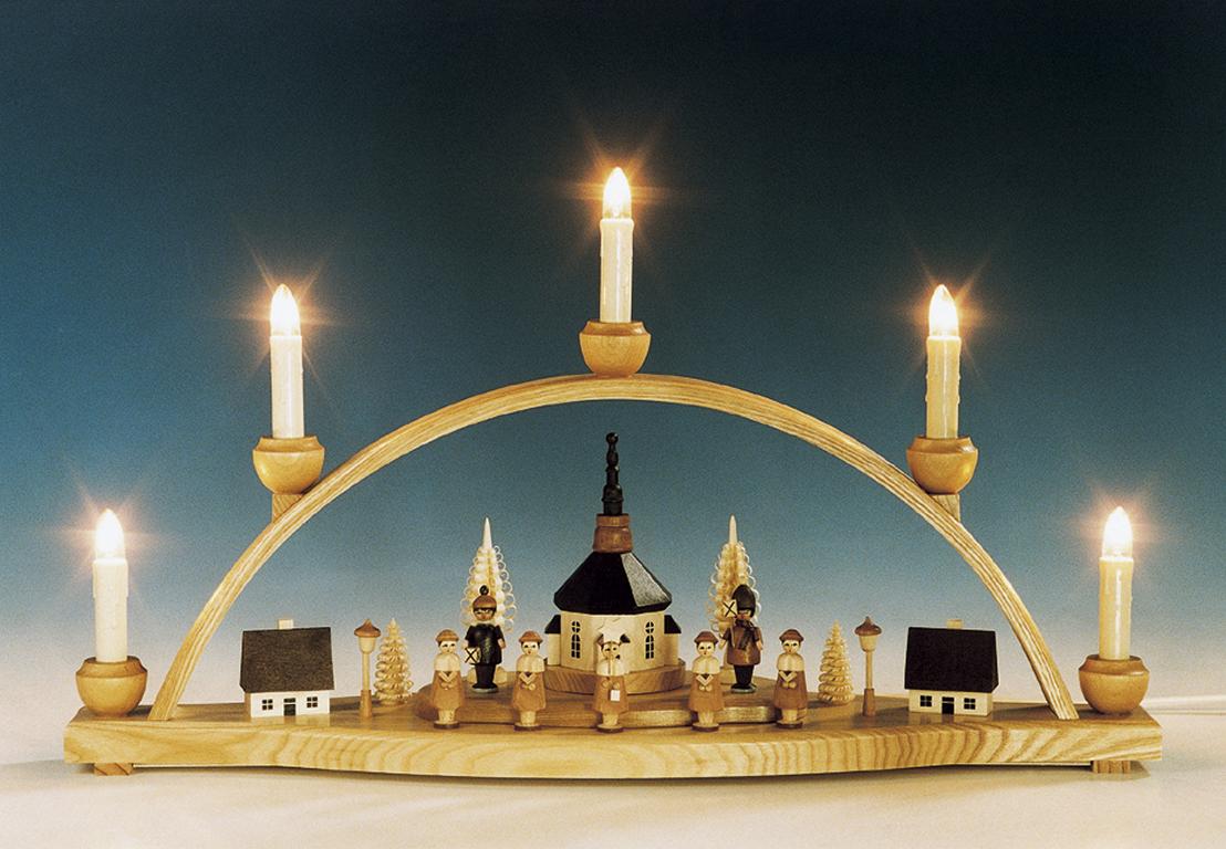 Schwibbogen Seiffener Kirche mit Laternenkinder  natur elektr. Beleuchtet B51cm