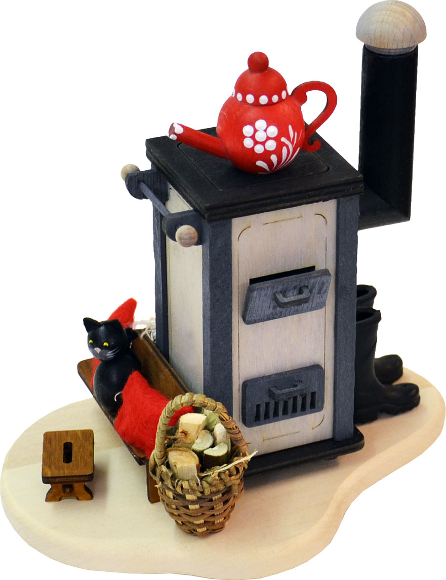 Räucherhaus, Küchenofen rote Kaffeekanne, Katze auf Ofenbank