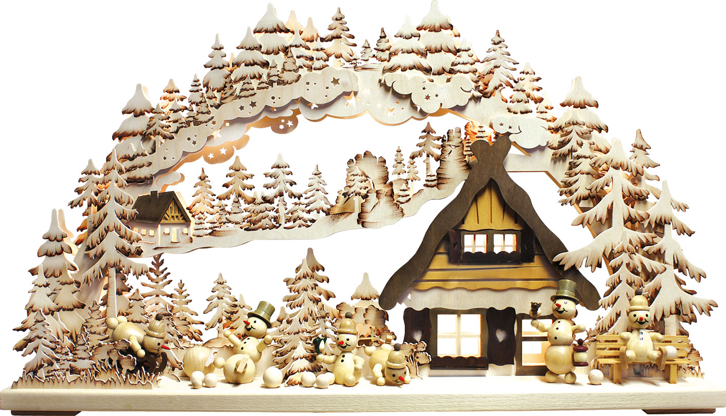 3D-Schwibbogen gr., Schneemannparadies, handbemalt, braun