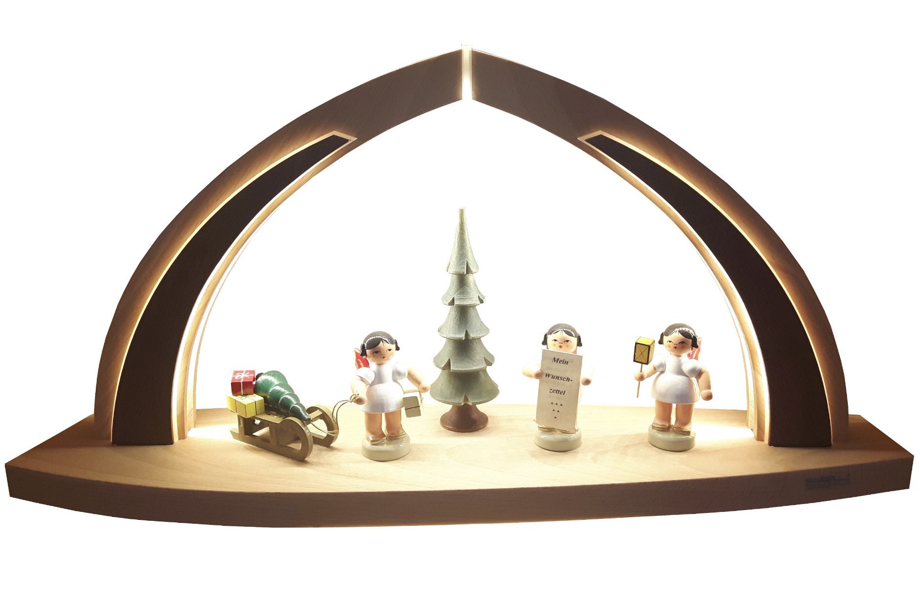 Schwibbogen LED Beleuchtung klein, Engel bunt-1, 3 Engel, Baum, Schlitten