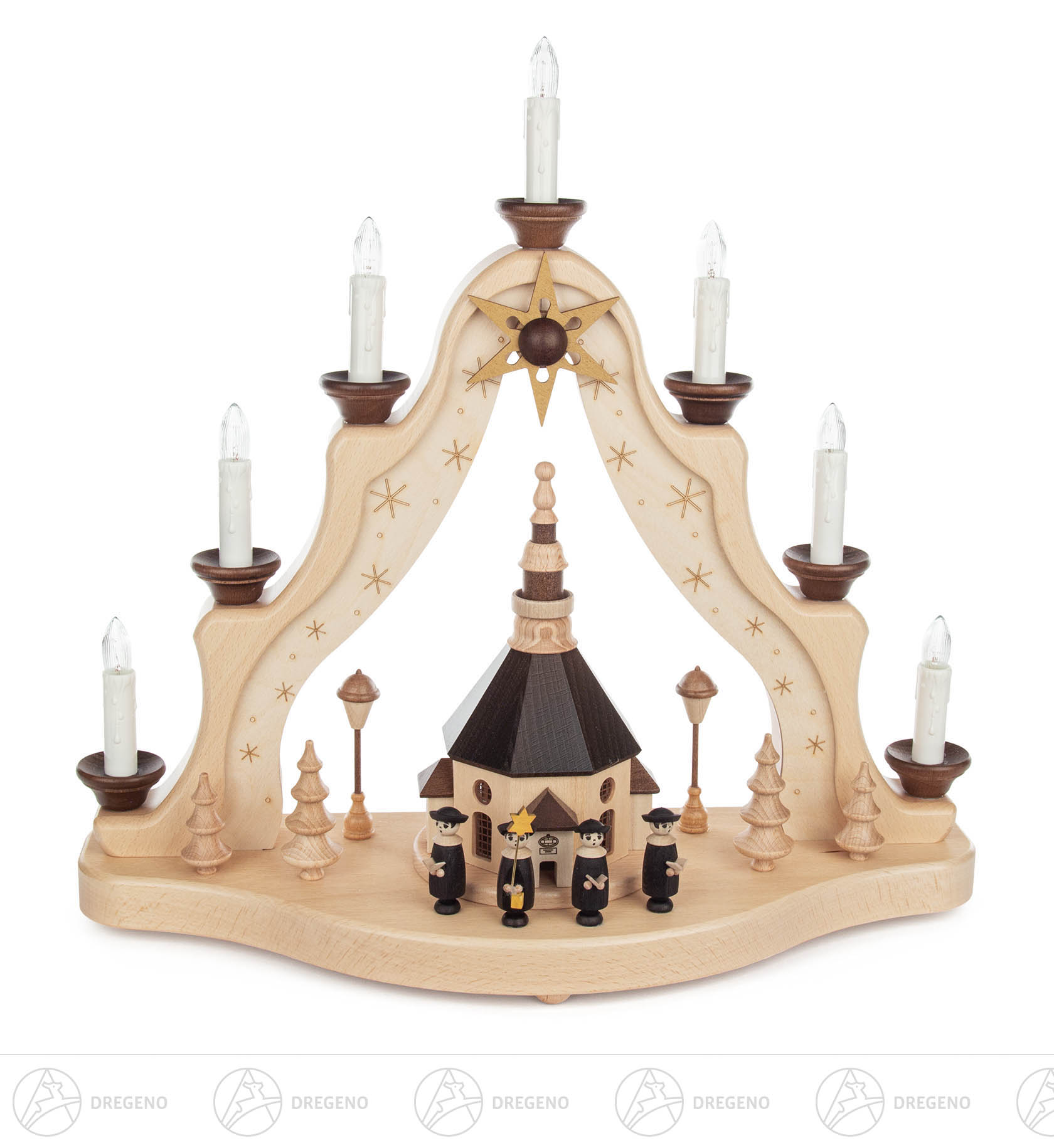 Schwibbogenspitze elektrisch beleuchtet mit Seiffener Kirche 39x40