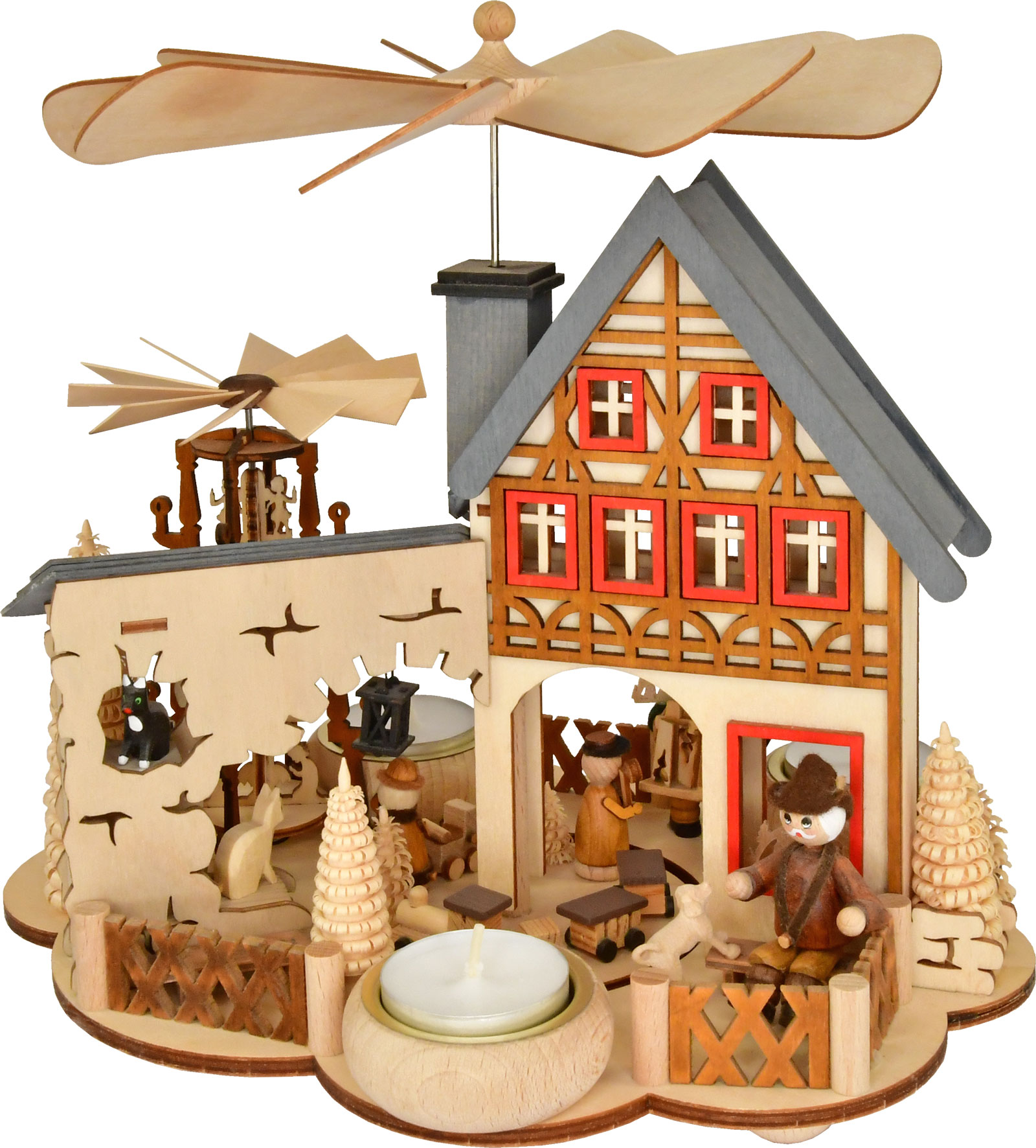 Hauspyramide, Weihnachtshaus, Fachwerkpyramide für 3 Teelichte