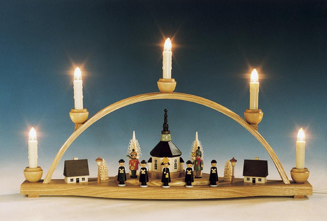 Schwibbogen Seiffener Kirche mit Laternenkinder  bunt