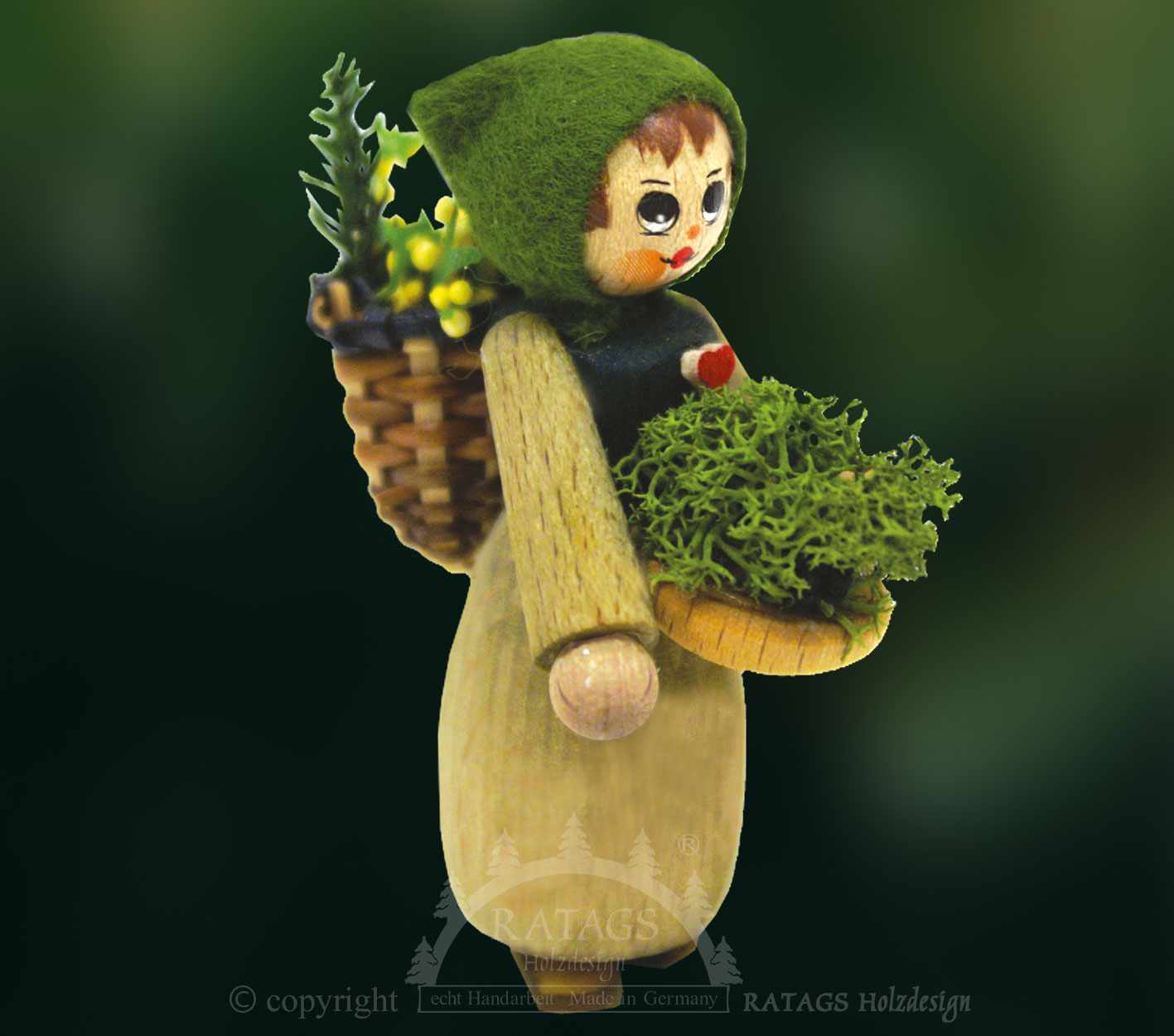 Figur, Moosfrau mit Schale und Huckkorb, farbig