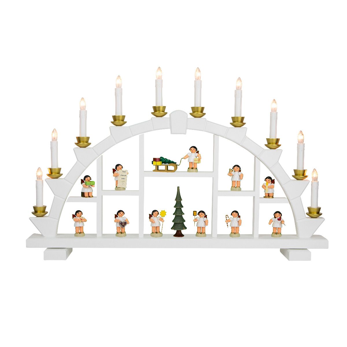 Schwibbogen weiß, 10 elektr. Kerzen, 11 Geschenkeengel 60 mm + Baum, rote Flügel