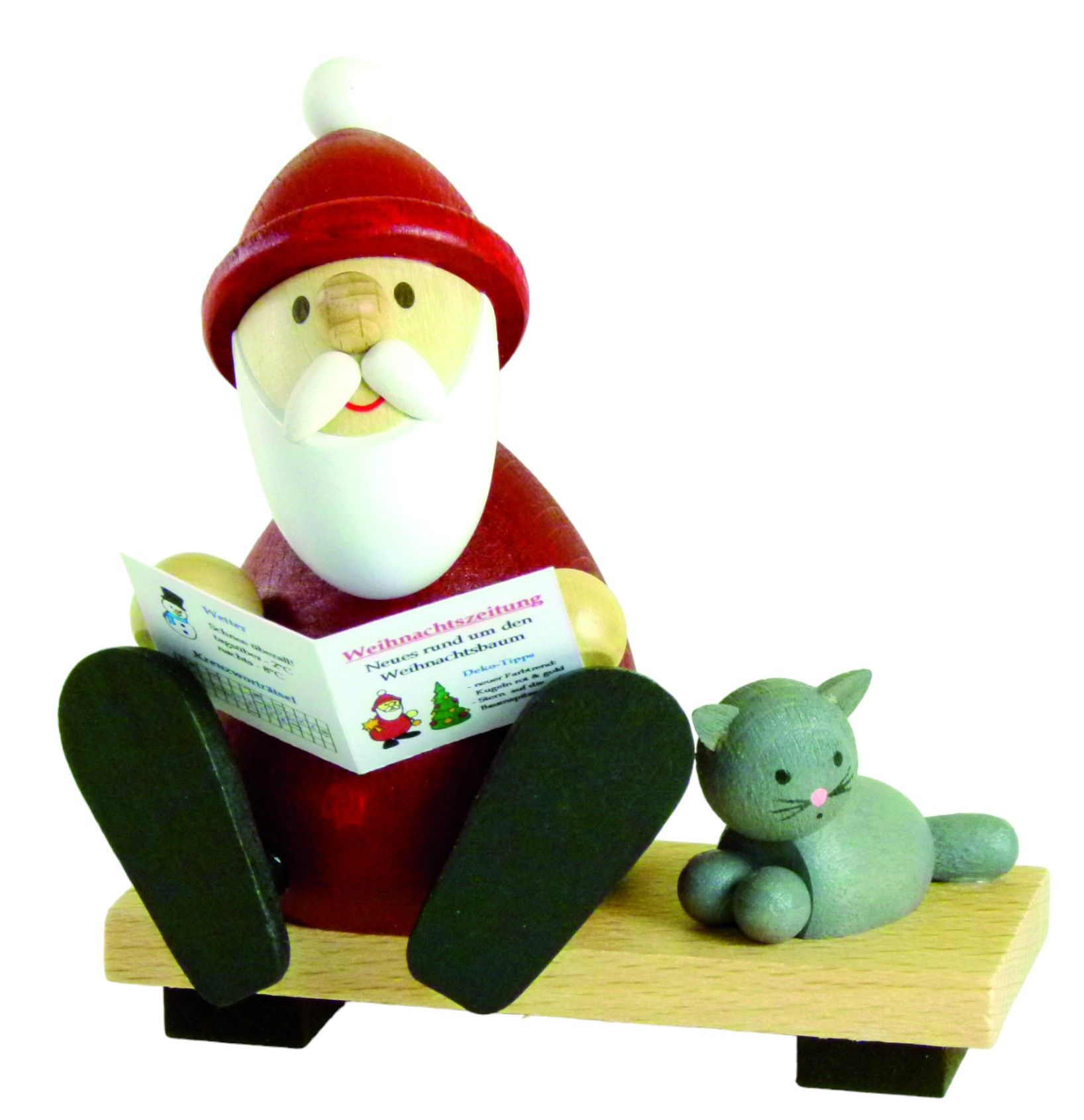 Weihnachtsmann auf Bank mit Katze