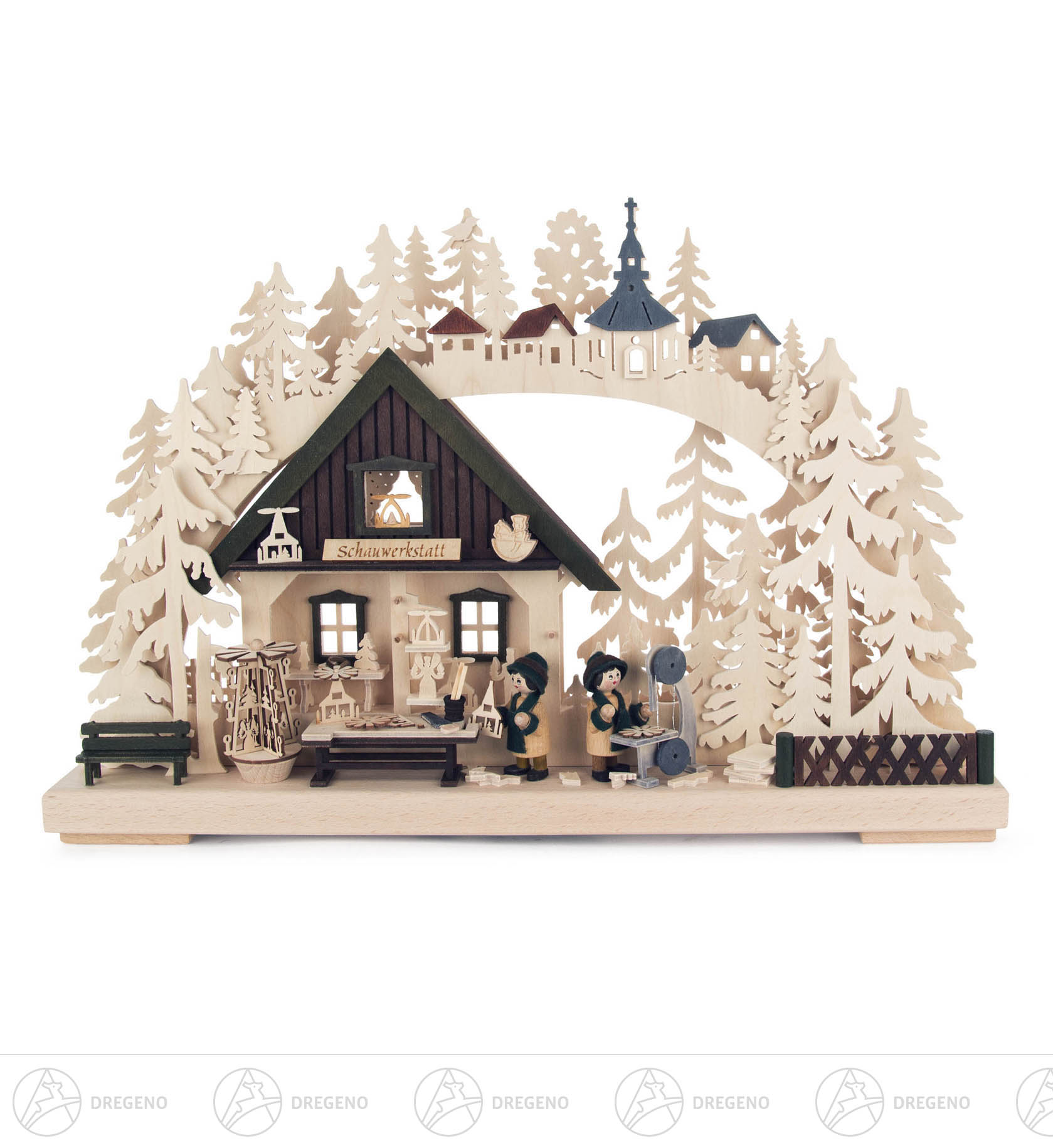 Schwibbogen Pyramidenwerkstatt klein elektrisch beleuchtet 29x43cm