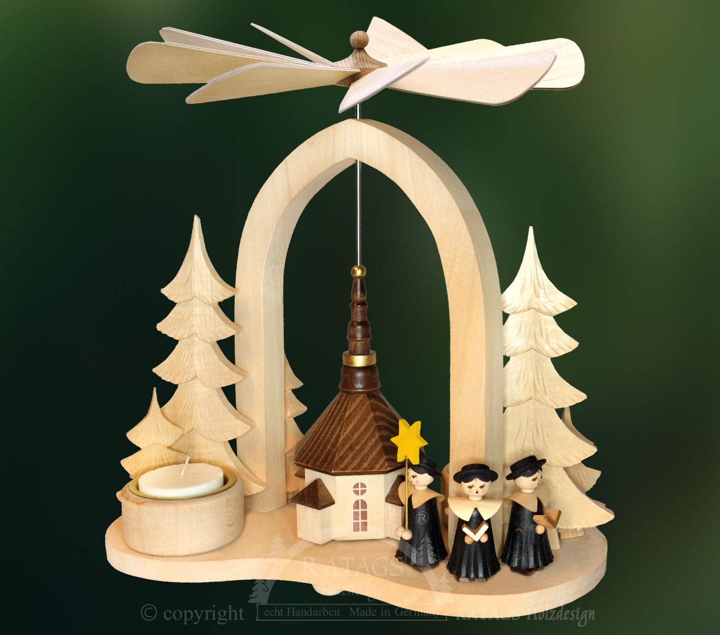 Sternbogenpyramide mit Kirche u.Kurrende Tischpyramide, Massivholz