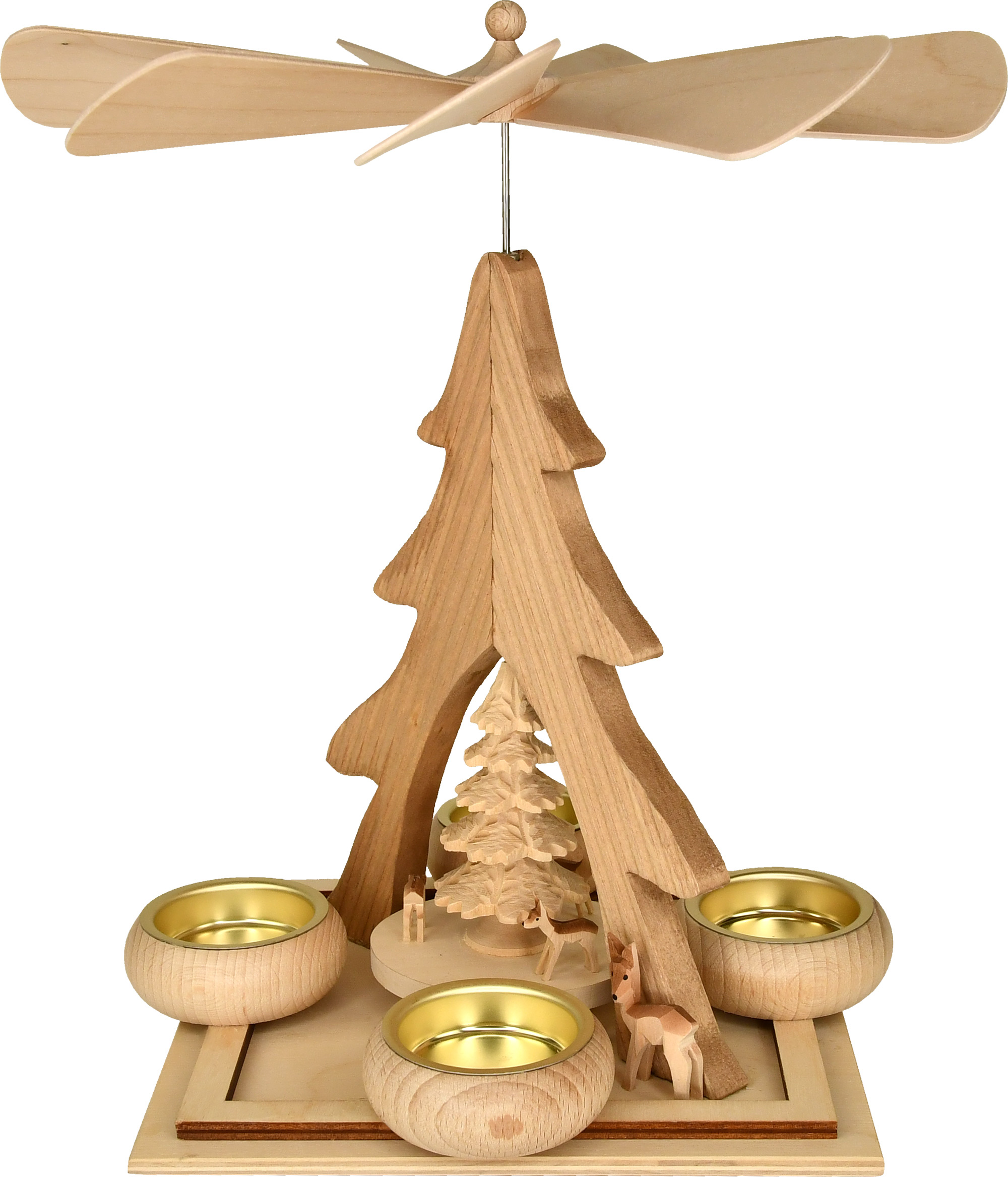 Massivholzpyramide, quadratisch, Baum mit 4 Rehen, 4 Teelichte