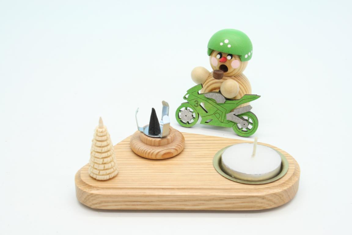 Kerzenhalter Biker natur mit grünem Bike & Schild 8cm