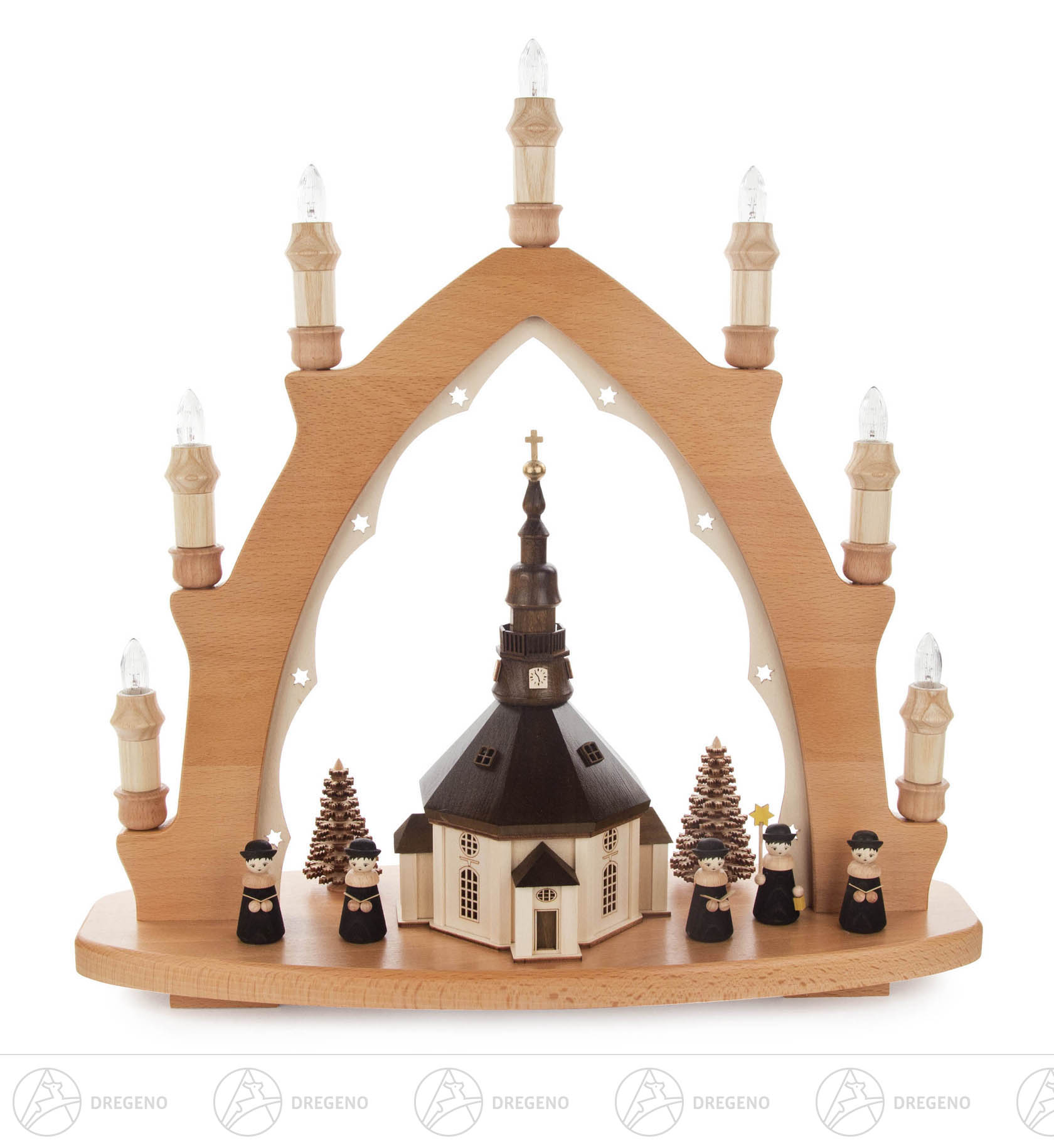 Schwibbogen mit Seiffener Kirche und Kurrende, elektrisch beleuchtet, innenbeleuchtete Kirche