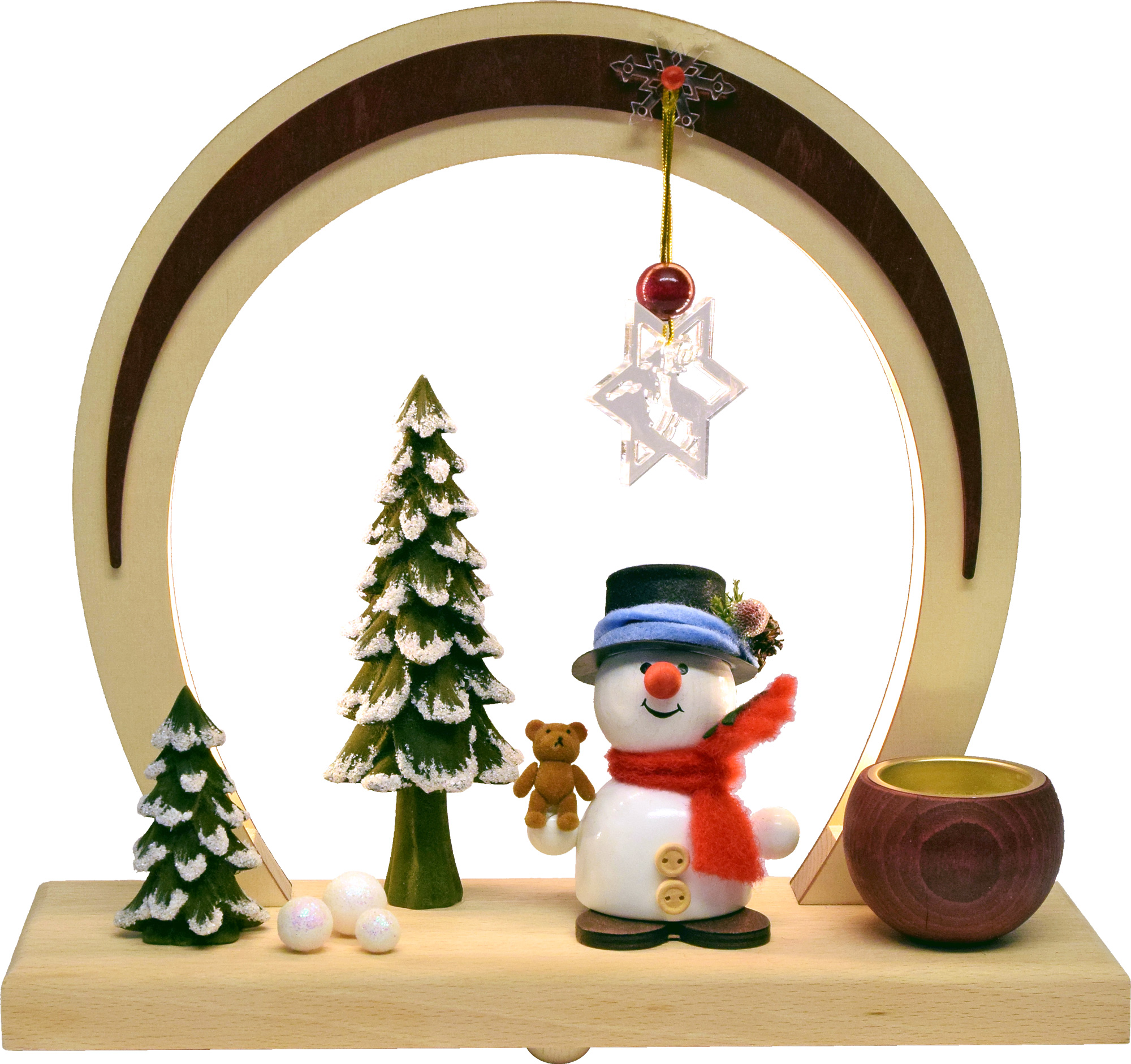 LED-Bogen, rot, Schneemann mit Teddy
