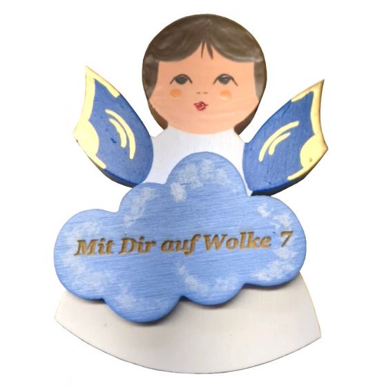 Magnetpin Engel mit Wolke, Flügel blau, lasiert und handbemalt, Text: Mit Dir auf Wolke 7