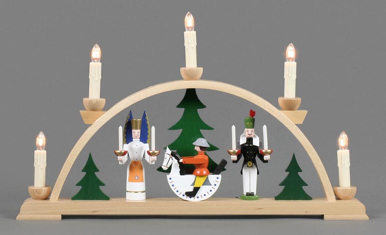 Schwibbogen mit Engel, Bergmann und Reiterlein, farbig, elektrisch beleuchtet