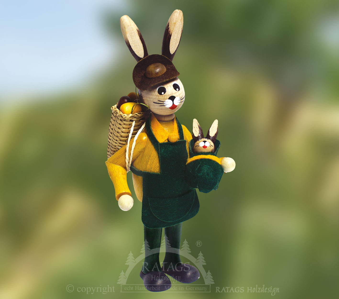 Osterhase, grün-gelb mit Kind