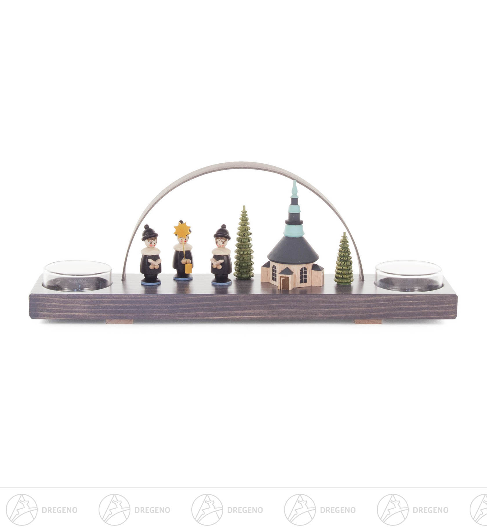 Schwibbogen mit Seiffener Kirche und Kurrende grau, für Teelichte 10x27cm