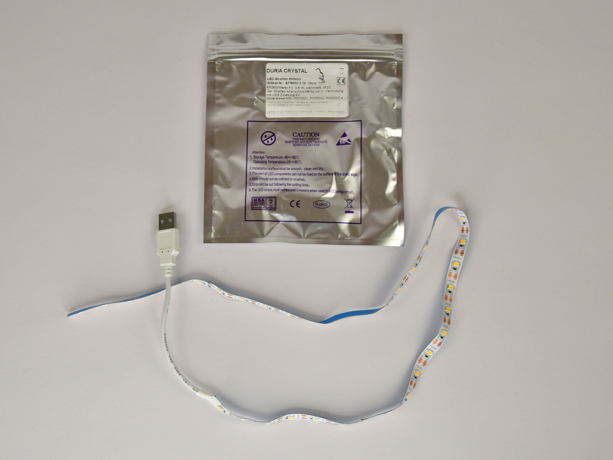 USB LED-Stripe, Länge 60cm, Voll-USB, Zuleitung 10cm, IP65, USB-Stecker weibl.