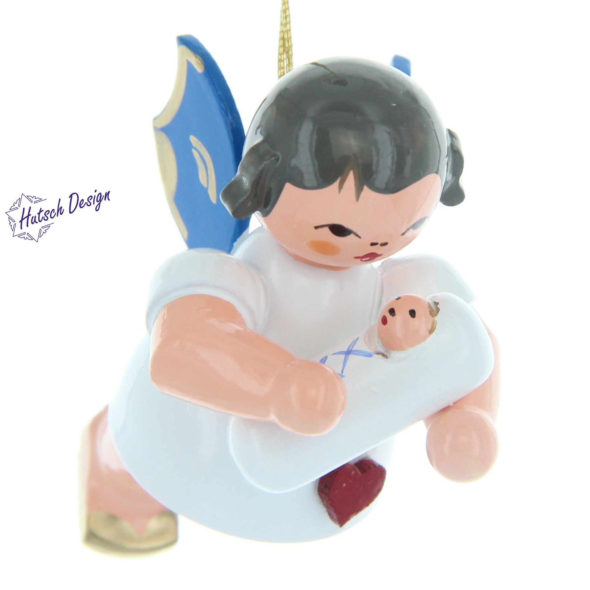 Herzengel schwebend mit Baby Junge, blaue Flügel